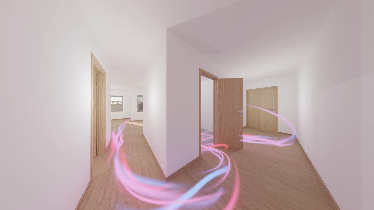 Empty modern interior hallway with white walls, wooden doors, and light wood flooring, with colorful light trails suggesting movement. Real estate, architectural design, and interior layout concept