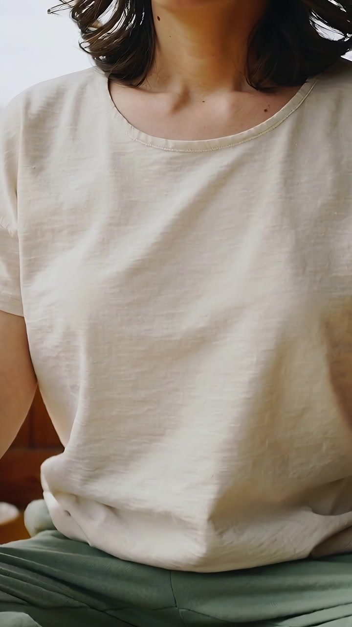 Video verticale: Donna che inspira e aggiusta la postura su una panchina, indossando una maglietta beige e pantaloni verdi, a piedi nudi.