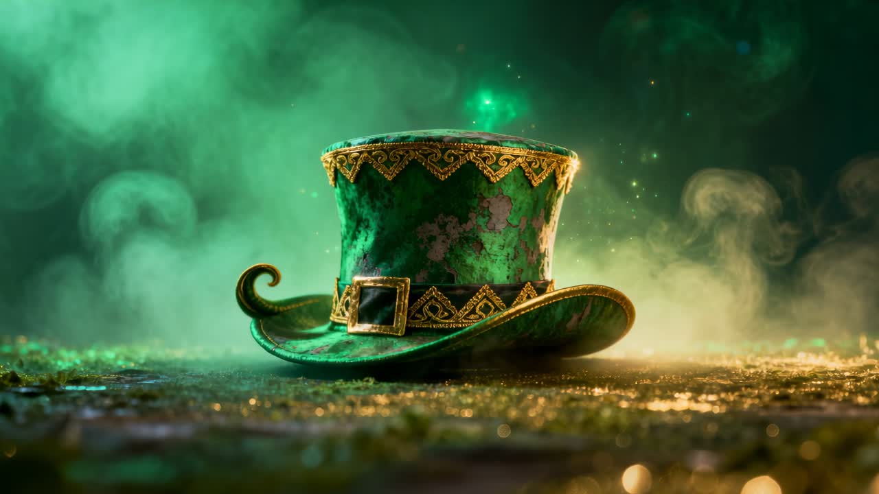 Glow growing, ornate green top hat sitting on glitter ground, sparkles rising revealing gold buckle