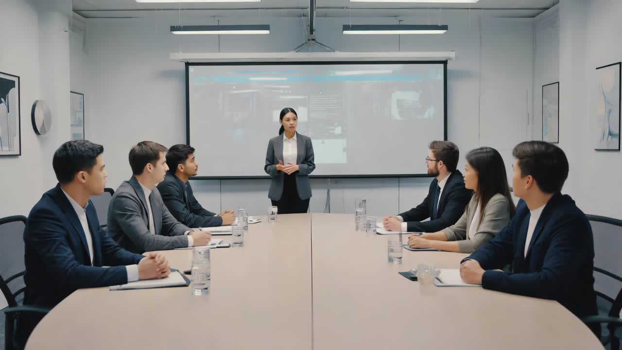 Business professionals in a corporate meeting with a presenter