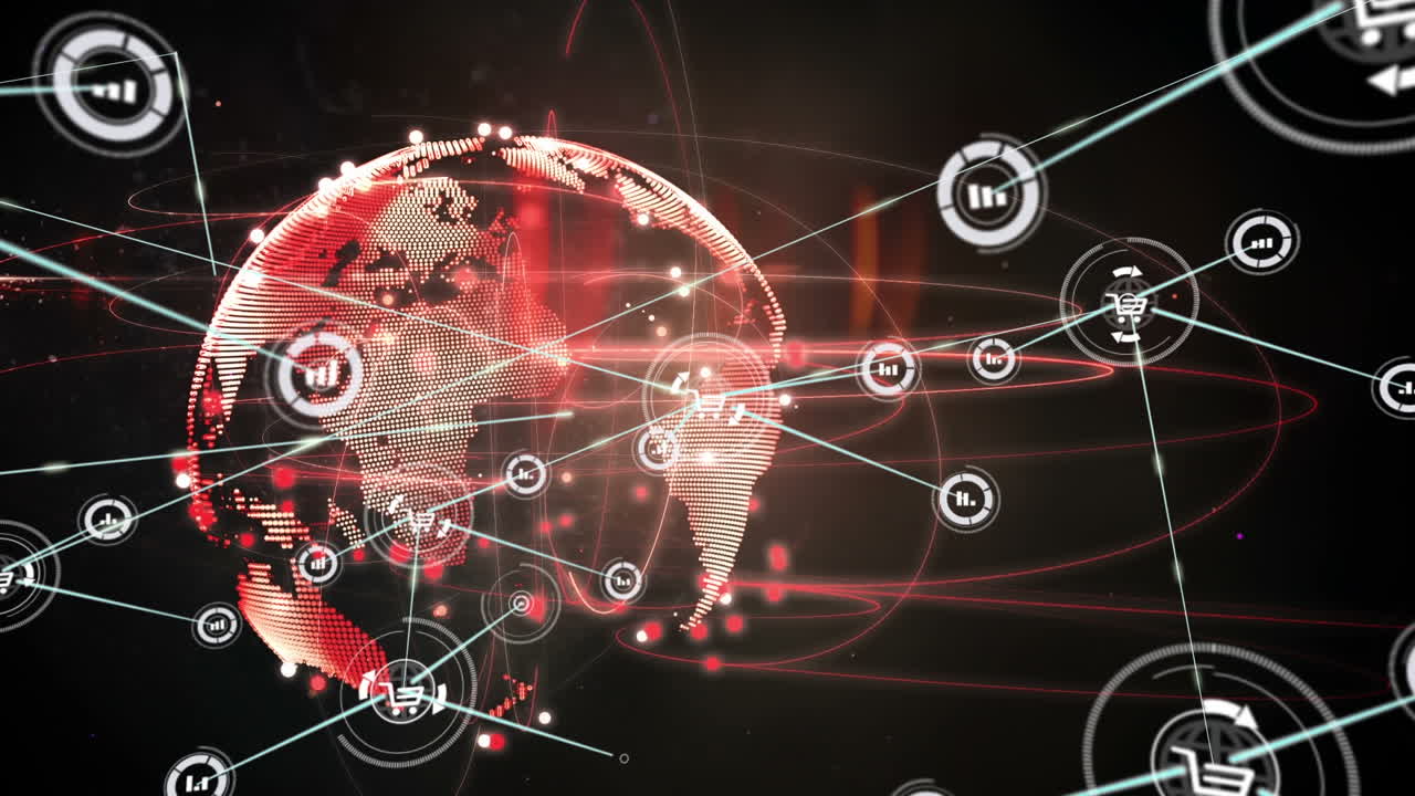 Animation of networks of connections with icons over globe on black background