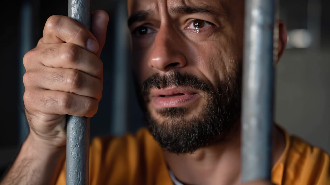 Un uomo stringe le sbarre, gli occhi umidi di tristezza. Veste d'arancione, la testa china per la sconfitta. Le dita afferrano il metallo, il cuore pesante di dolore. Dietro le sbarre, la sua anima si sente intrappolata, silenziata.