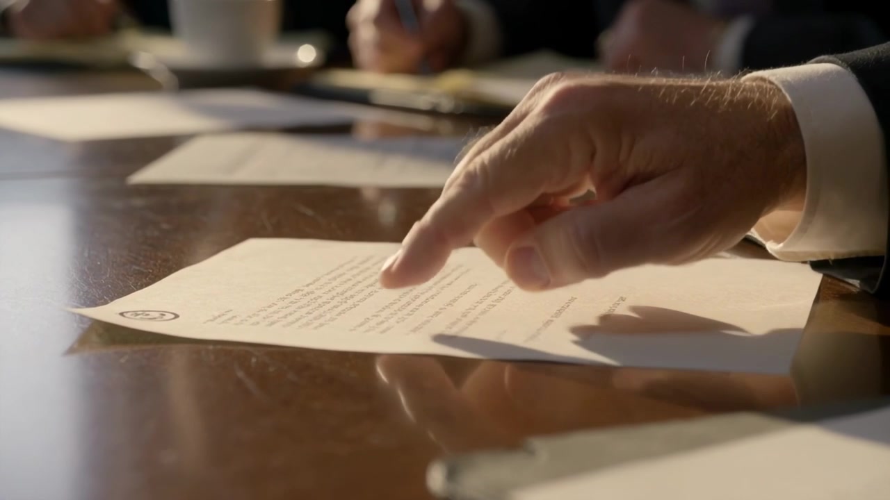 Pointing right hand in dark suit tracing document text in boardroom after meeting marking line