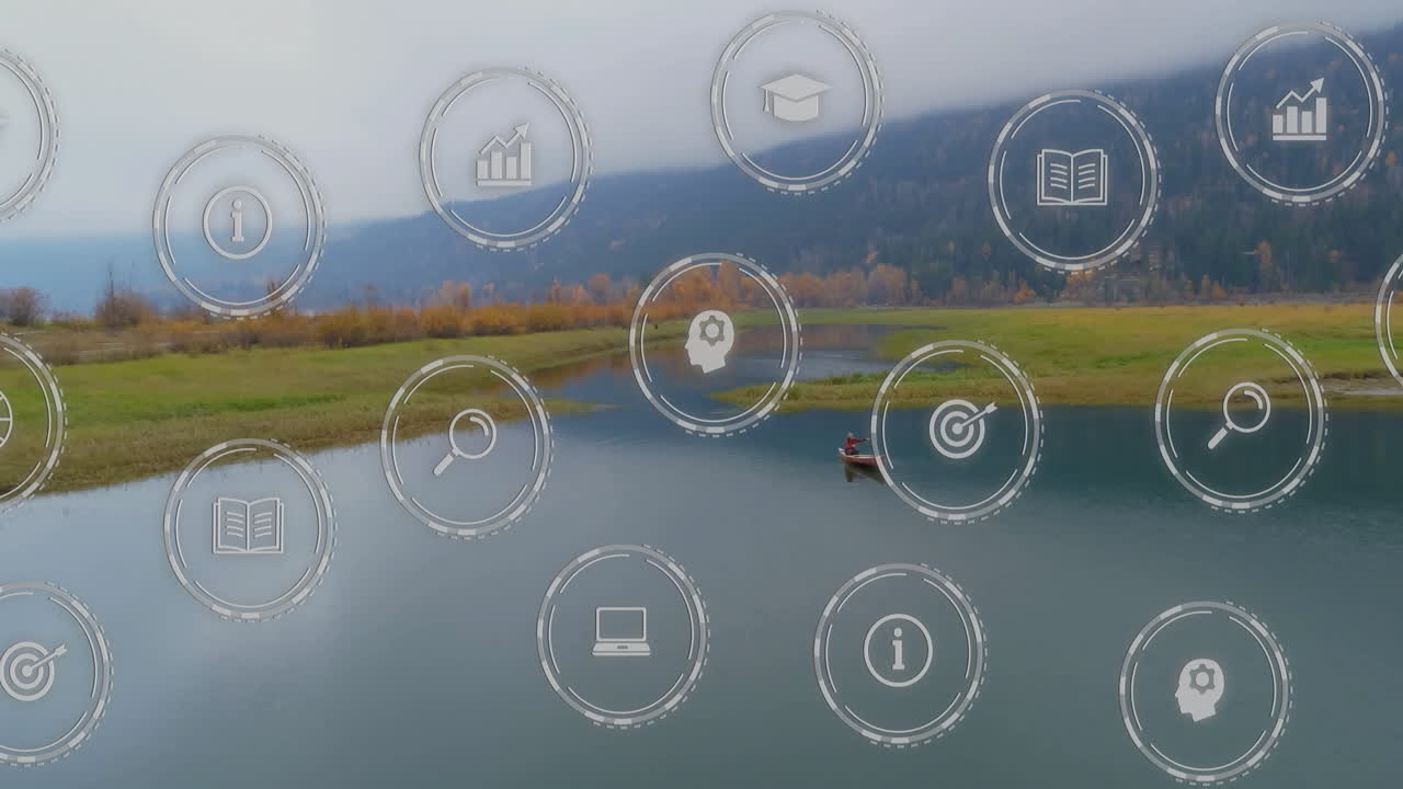 Animation of education and technology icons overlaying serene lake landscape