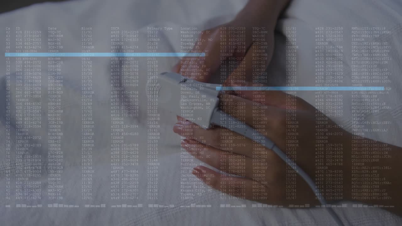 Female hands tapping smartphone on white bed sheet, displaying animated database columns overlay