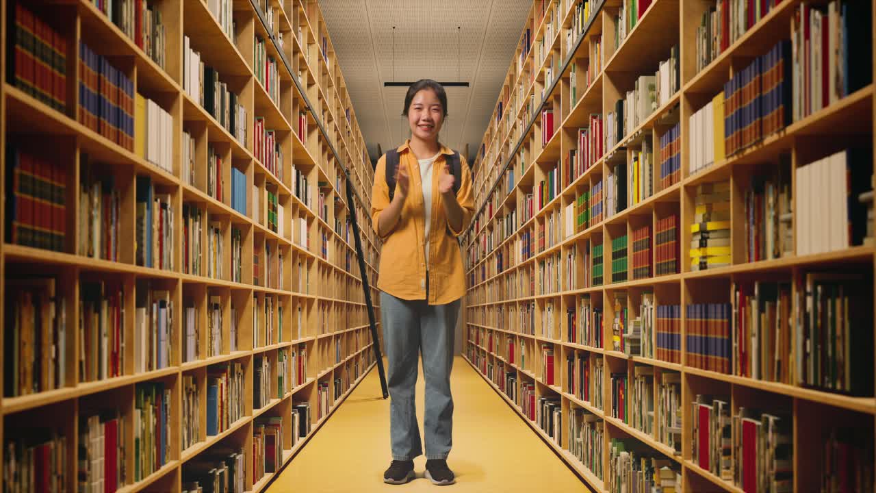cuerpo lleno de estudiante mujer asiática con una mochila y algunos libros sonriendo y aplaudiendo sus manos mientras estaba de pie en la biblioteca