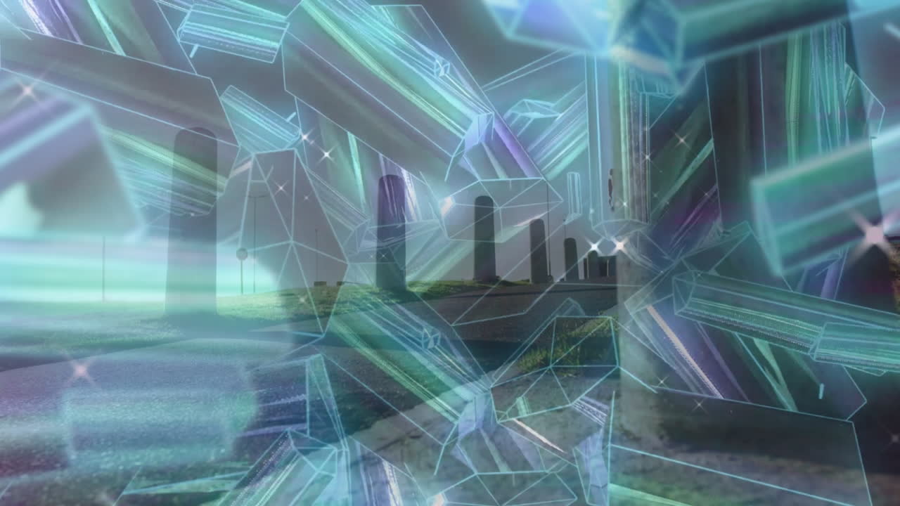 animación de formas brillantes sobre una mujer afroamericana corriendo por la calle