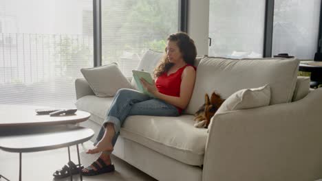 young woman sitting on couch in apartment with her dog writing on tablet with stylus pen. drawing or designing in creative form or occupation. digital art. working from home happy and cheerful