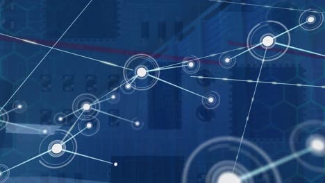 Animation-of-network-of-connections-against-close-up-of-circuit-board-in-seamless-pattern