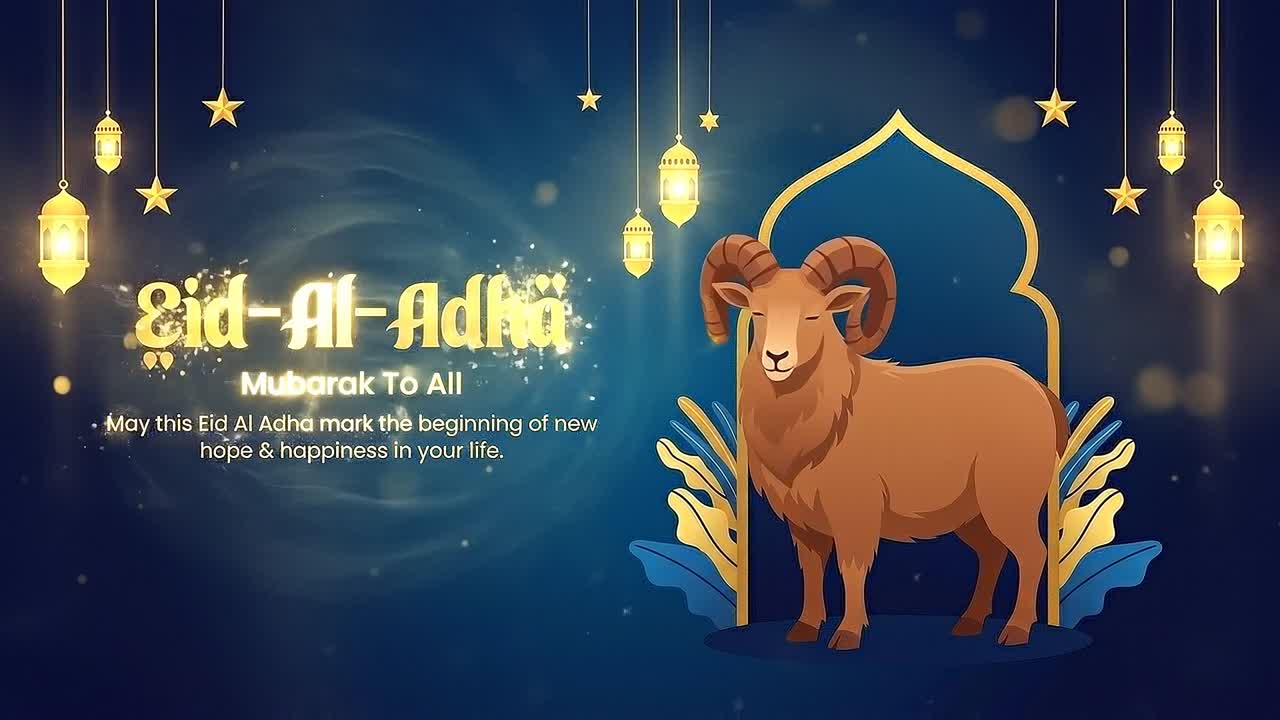 Auguri animati per Eid Al Adha con un ragazzo che alza le mani accanto a una pecora sotto lanterne e un cielo notturno con luna crescente.