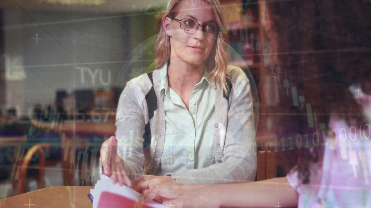 animación de globo y gráfico sobre diversas adolescentes en la escuela