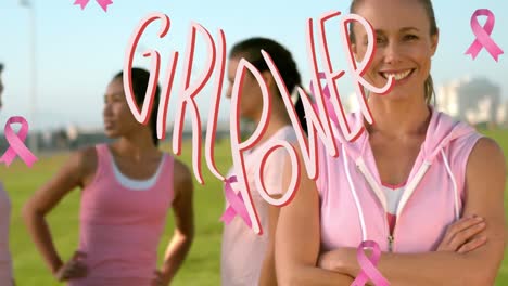 animación de girl power y cintas rosas sobre diversas mujeres al aire libre