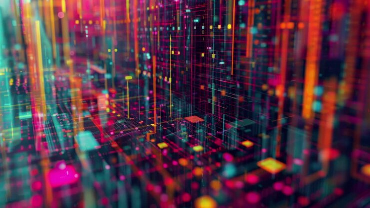 Abstrakte Stadtszene aus Daten und Code, erstellt mit generativer KI