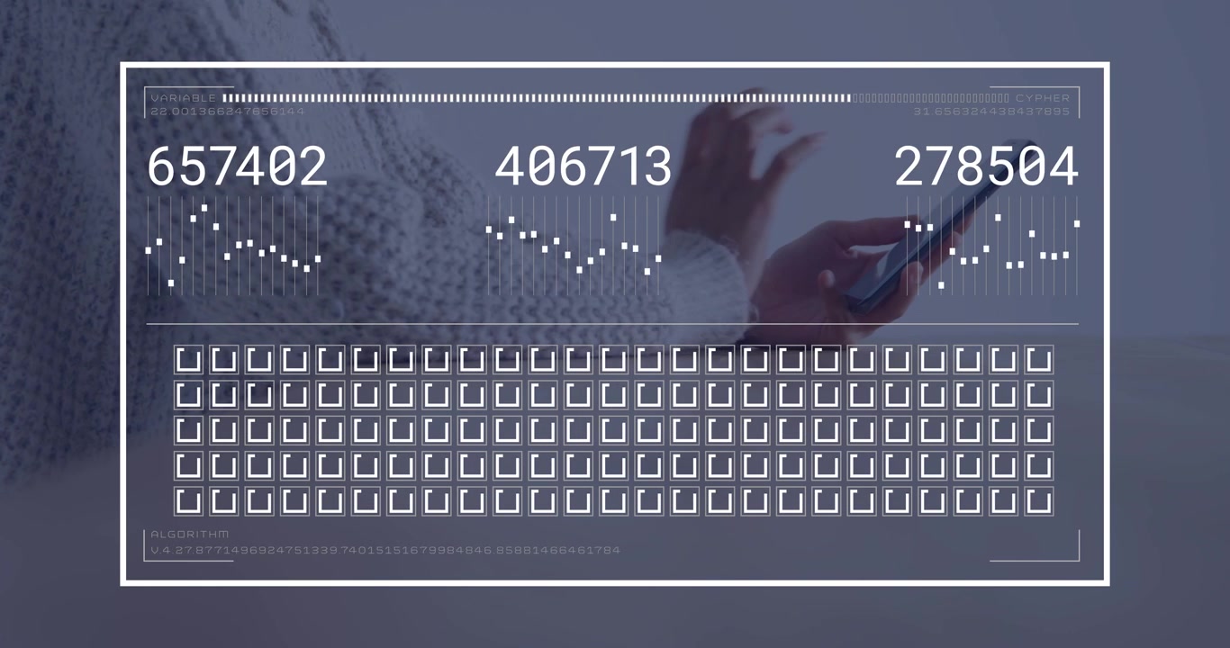 Kvinde trykker på smartphone på en lys bordplade og aktiverer HUD-analyse, der viser tal og et gitter.