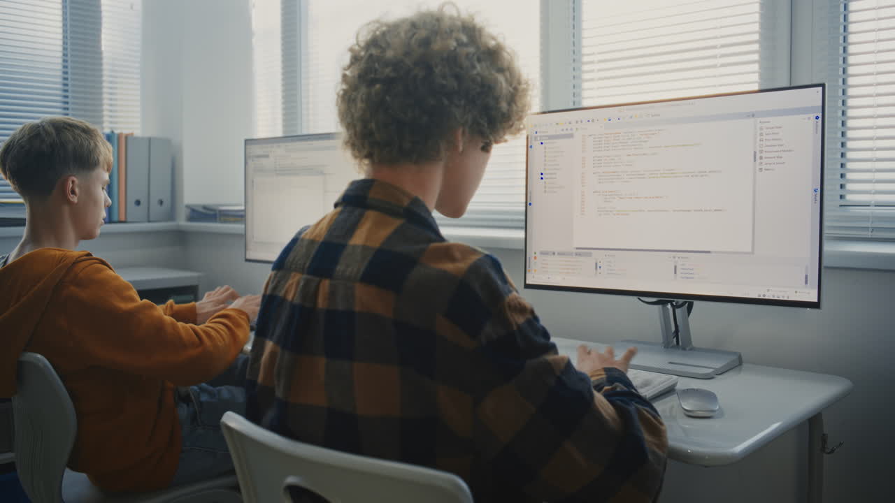 Two Young Men Writing Code in Classroom