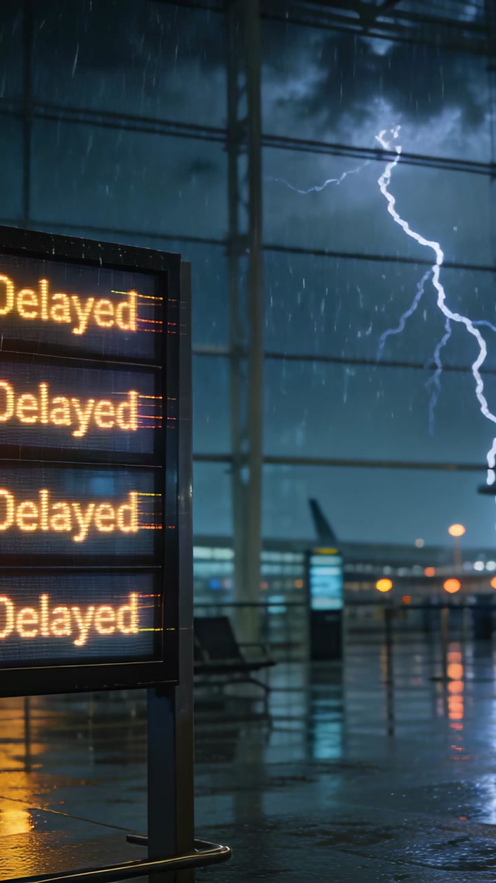 Vertical video: Showing board listing Delayed at gate, lightning flashing outside, copy space