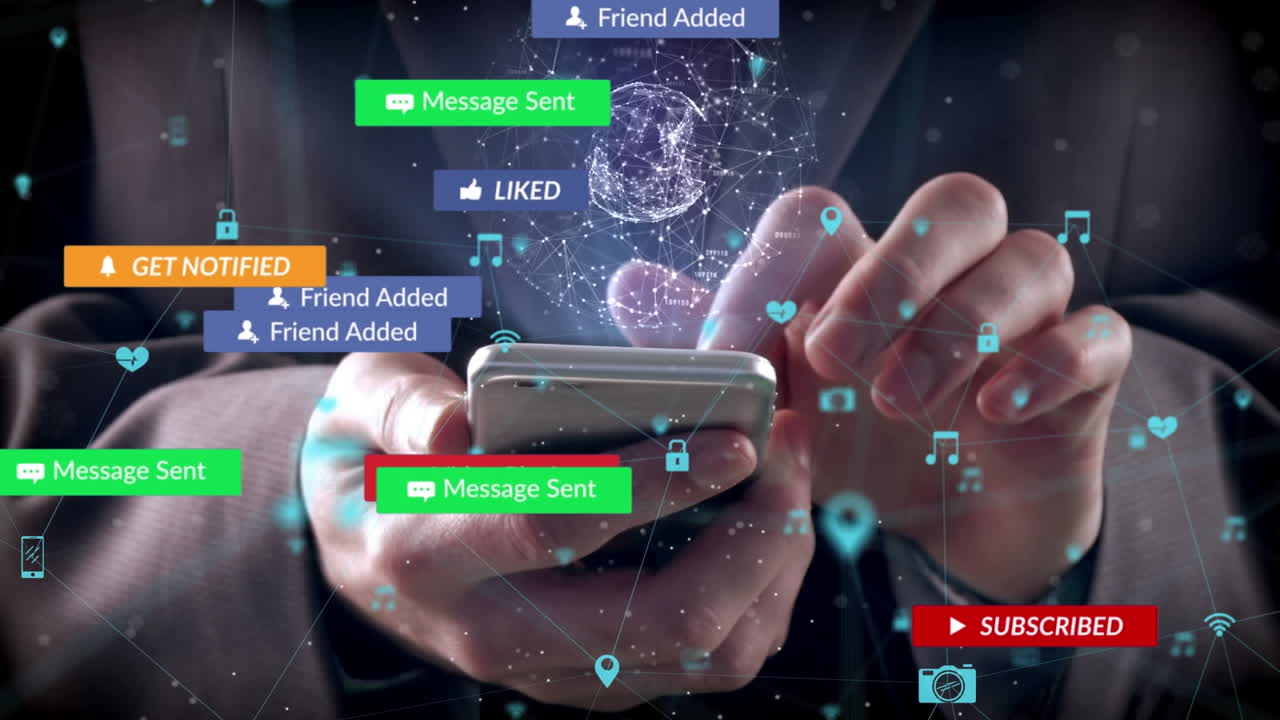animación de texto e iconos de redes sociales sobre hombre caucásico usando un teléfono inteligente
