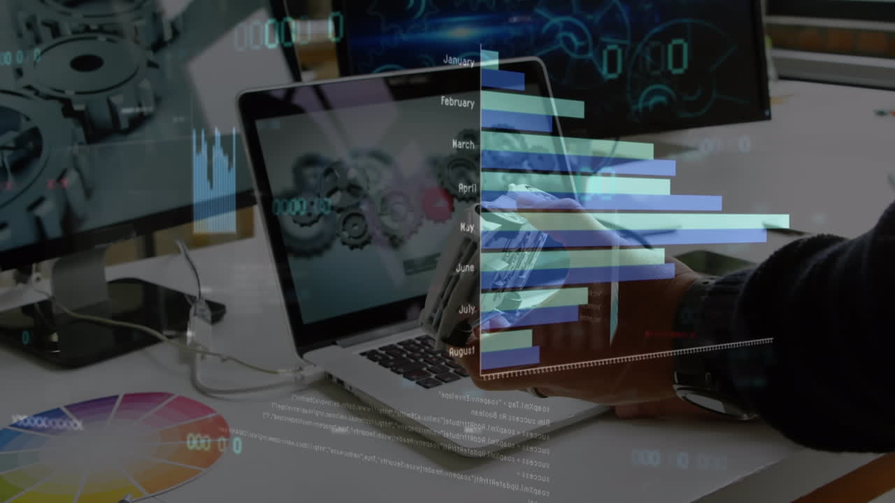 animación del procesamiento de datos financieros sobre un empresario caucásico que usa una computadora portátil en la oficina