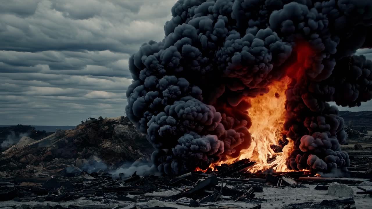 Dramatic wide-angle shot of a smoky, fiery wreckage under stormy skies, capturing a post-apocalyptic