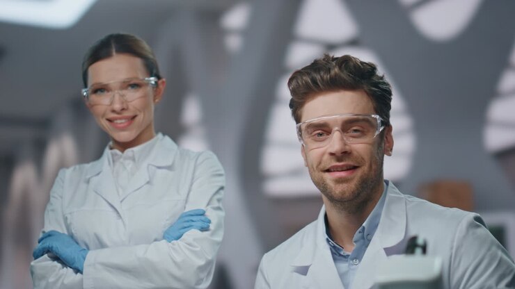 retrato de químicos felices mirando a la cámara en la clínica. científicos sonrientes posando en el laboratorio