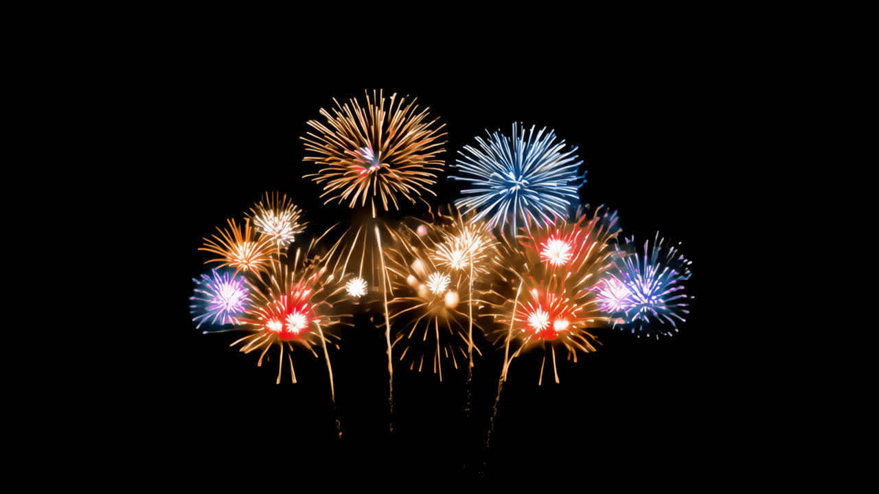 Vibrant fireworks illuminate night animated overlay, transparent 4K video, alpha channel, ProRes