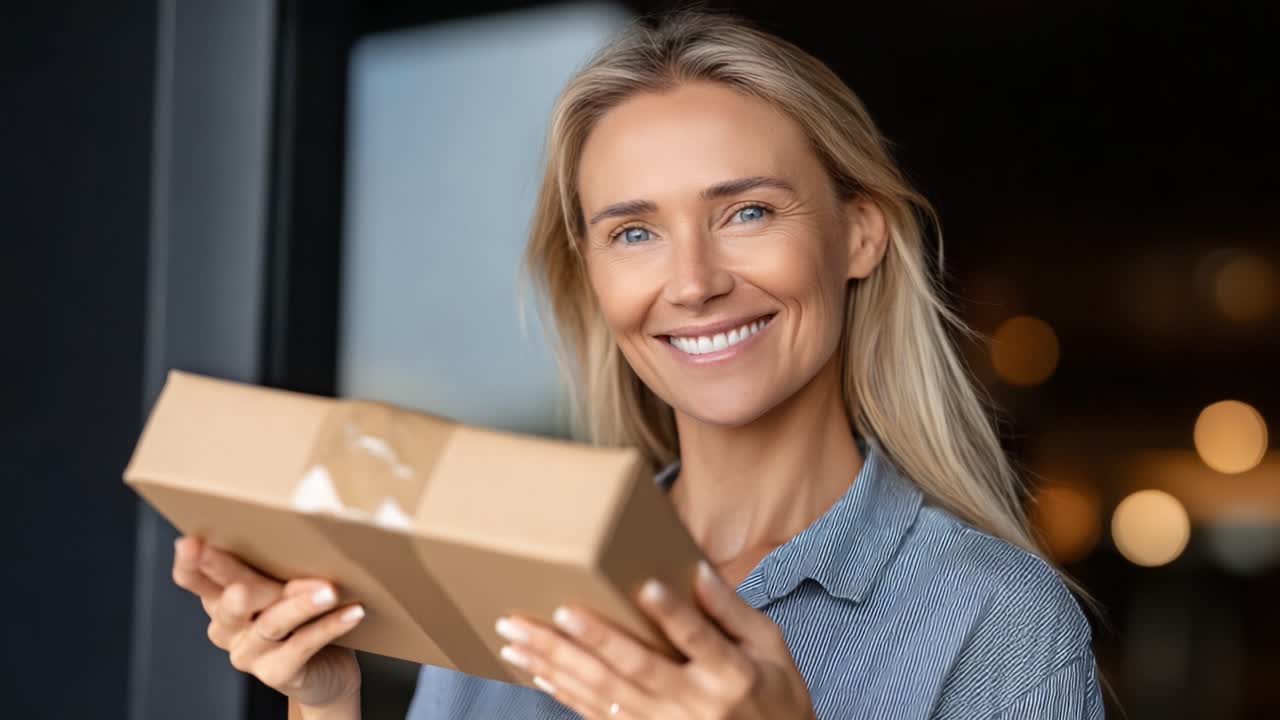 Una donna felice mostra il suo pacco appena consegnato con un sorriso smagliante, catturando l'emozione di ricevere un pacco a casa in un'atmosfera accogliente e invitante