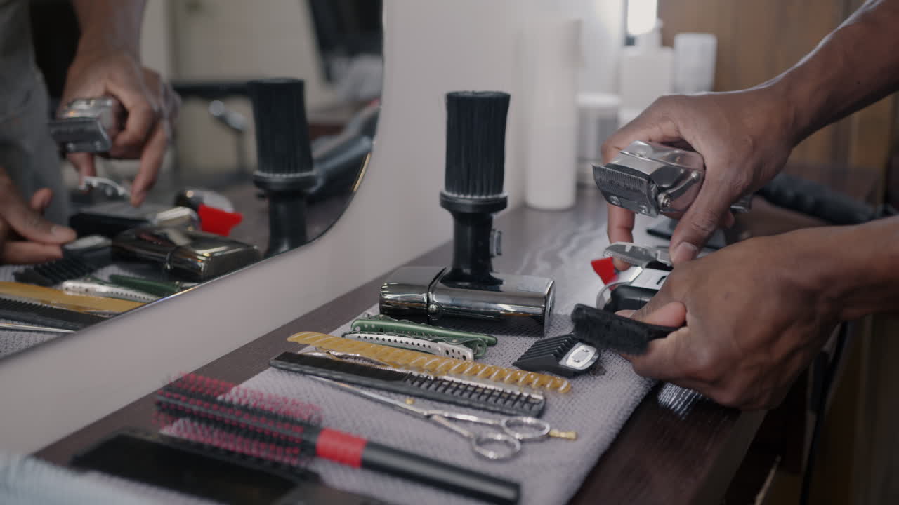 Barber preparing tools in a salon