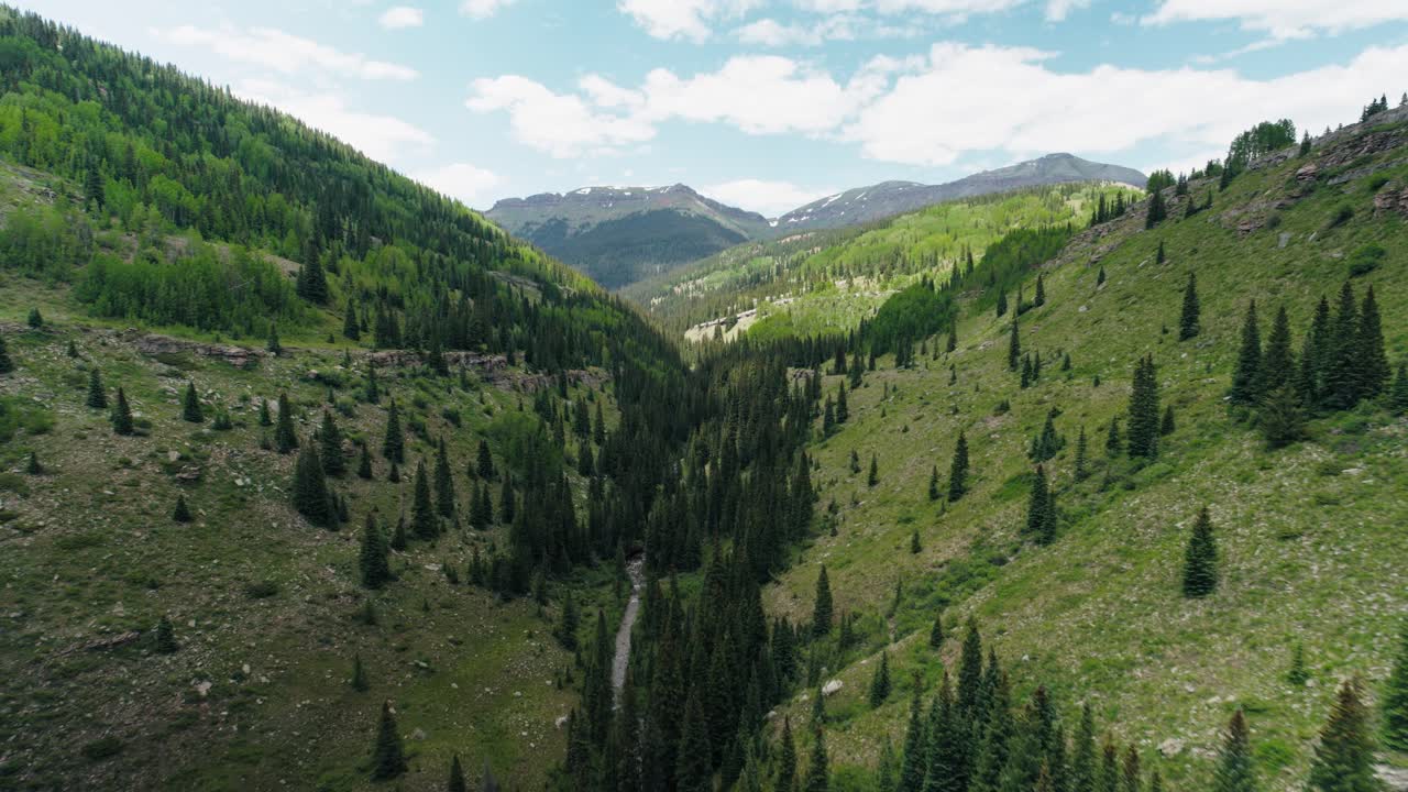 Aerial push of a valley between mountains in the San Juan mountain range.