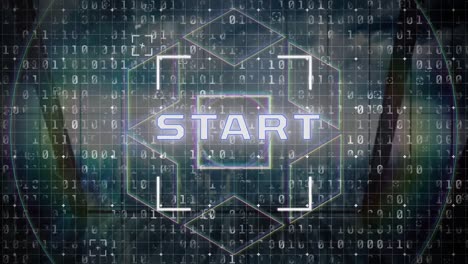 animation of digital start text with multiple geometric shapes moving in loop against binary codes