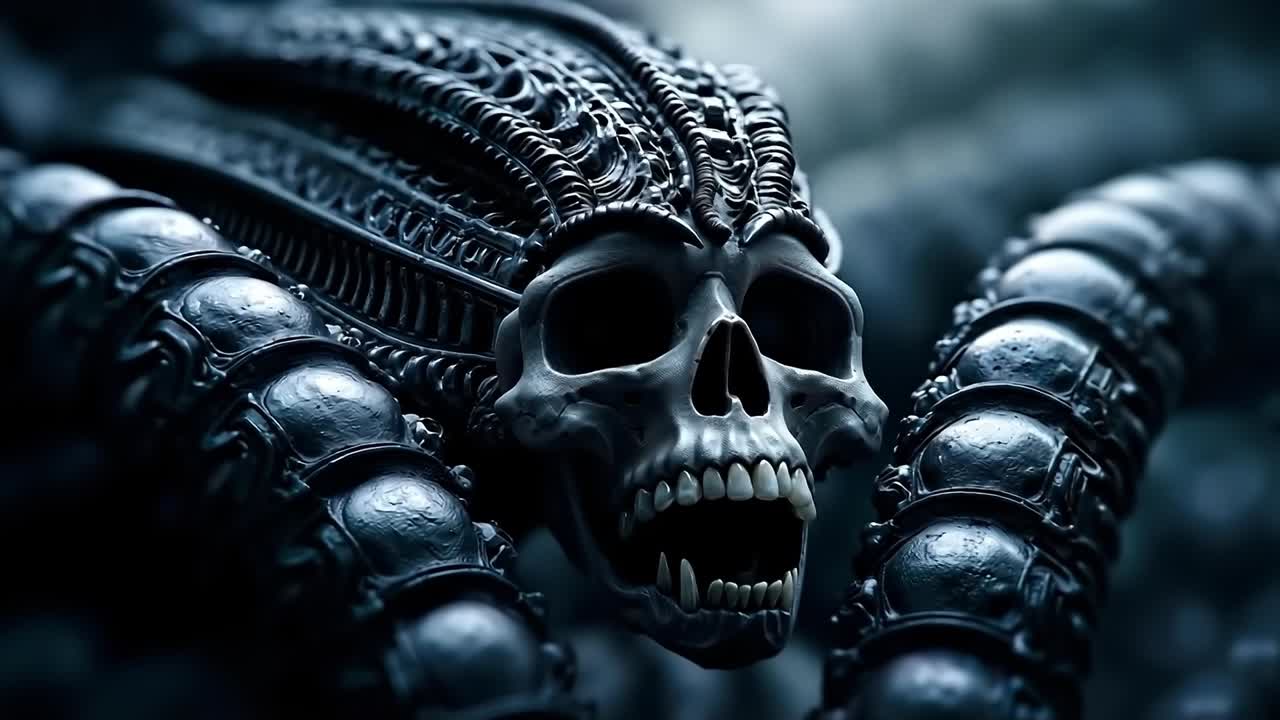 A close up of a skull with fangs and fangs on it's face