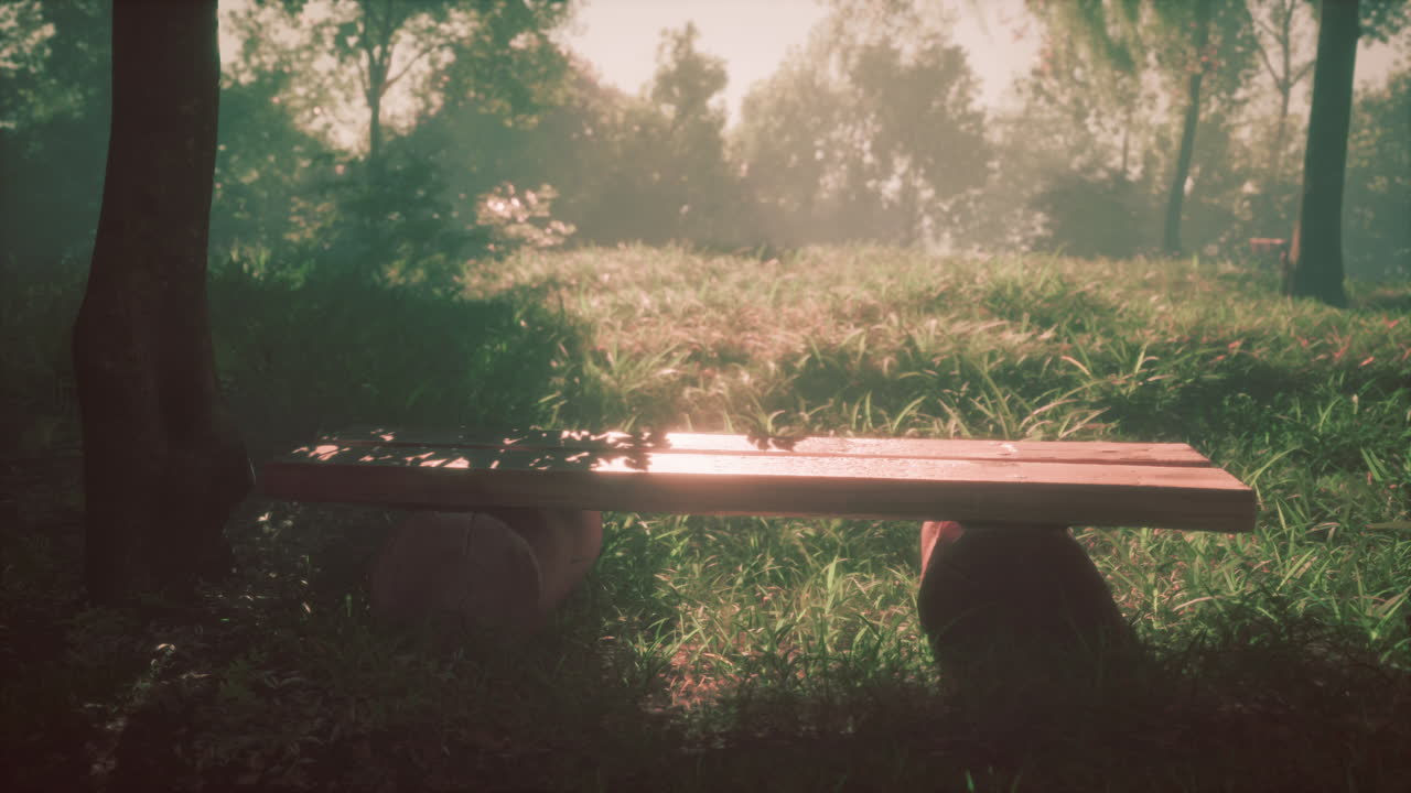 안개 숲 에 있는 평화로운 나무 벤치