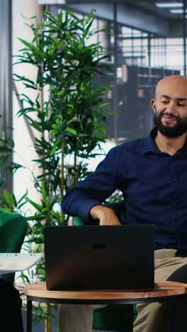 vertical video business people attending an online web conference during a meeting