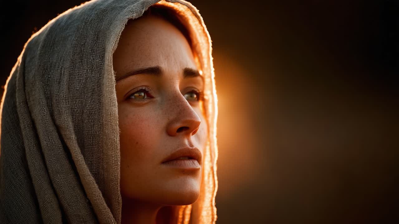 Una figura contemplativa, avvolta in un morbido tessuto naturale, fissa l'orizzonte, illuminata da una calda luce solare avvolgente che ne esalta l'espressione serena.