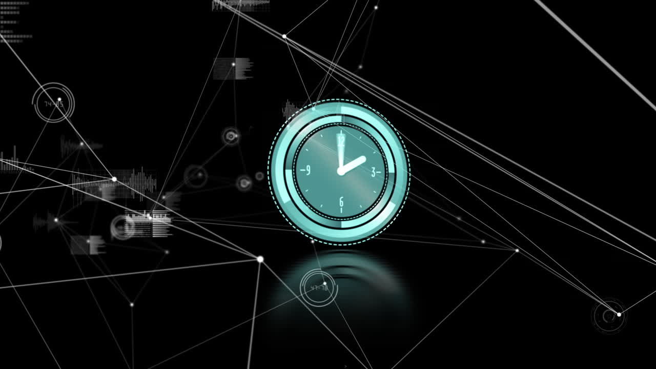 Animazione di una rete di connessioni su un orologio che si muove velocemente