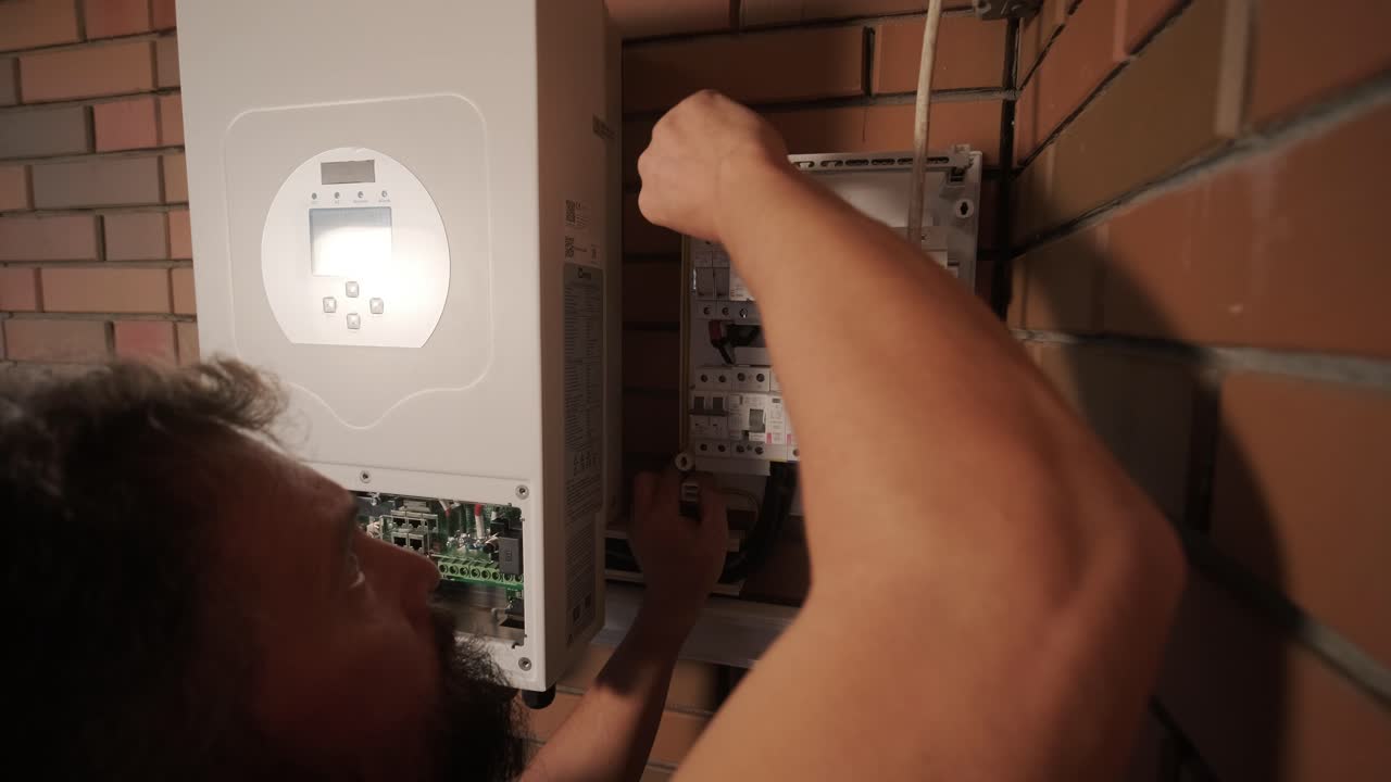 un electricista instalando un inversor en un hogar. la imagen muestra habilidad técnica, herramientas modernas y atención a la seguridad en el trabajo eléctrico