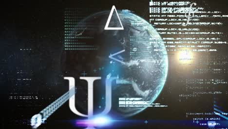 símbolos matemáticos y procesamiento de datos contra el globo giratorio