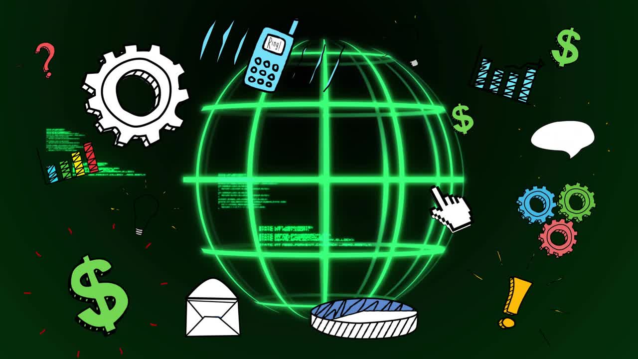 White pixel cursor blinking at neon green globe, causing icons pulsing, visualizing global data