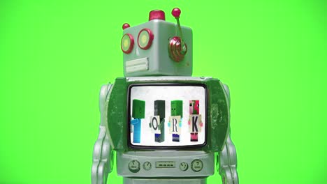 retro tv robot walks on with a message work from home