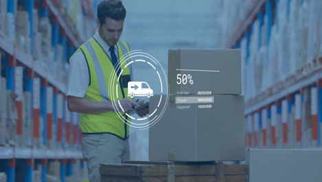 animation of car icon and data processing over caucasian male worker inspecting cartons in warehouse