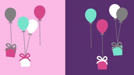 animación de múltiples globos y regalos de cumpleaños flotando sobre un fondo rosa y púrpura