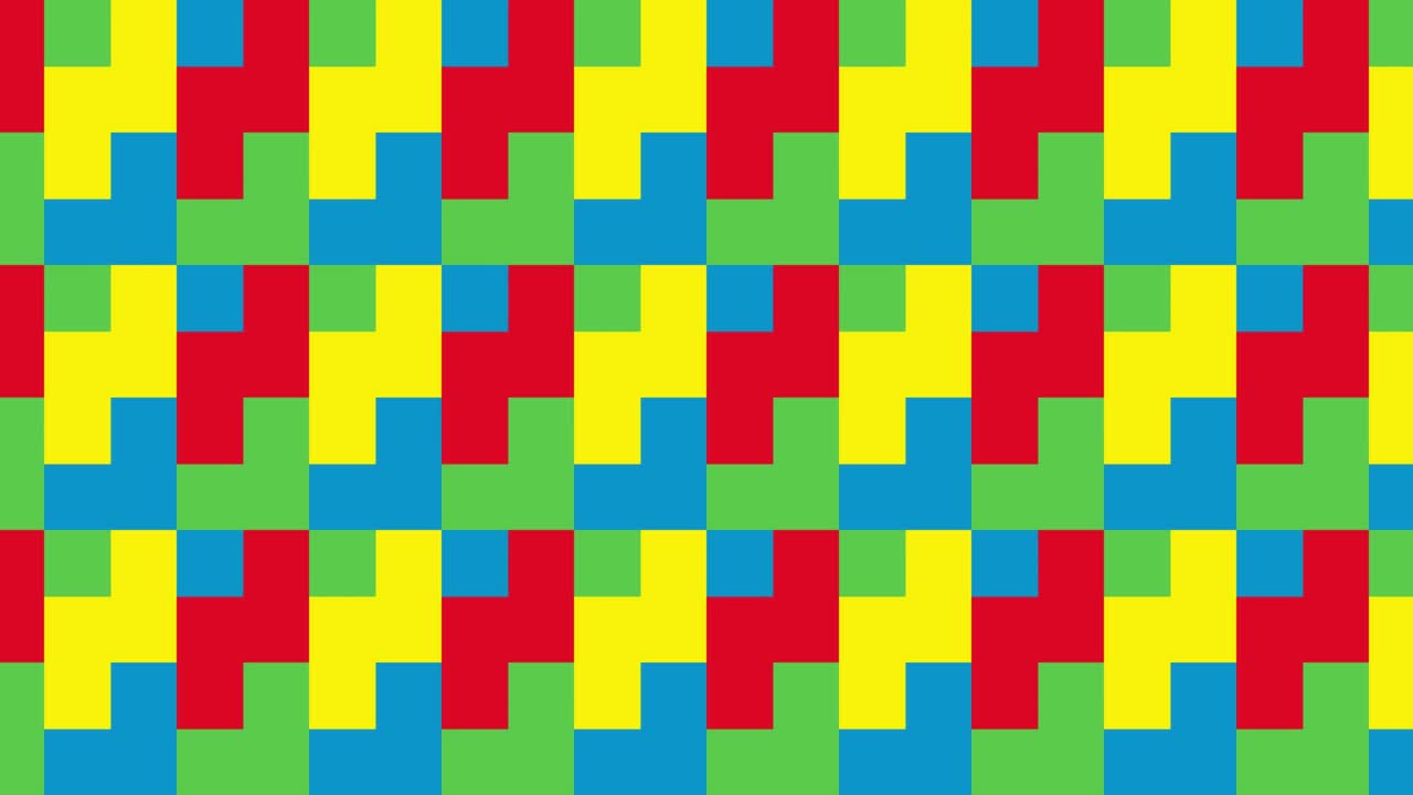 azulejos animados en colores primarios en patrón geométrico. fondo gráfico en movimiento en un diseño plano. bucle sin costuras formas multicolores abstractas en mosaico dinámico mínimo