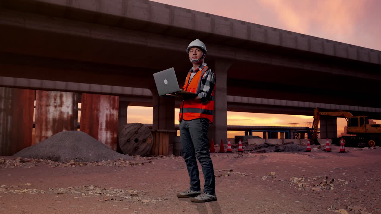 Full Body Side View Of Asian Male Engineer With Safety Helmet Working On A Laptop And Looking Around While Standing At The Site of Highway Construction
