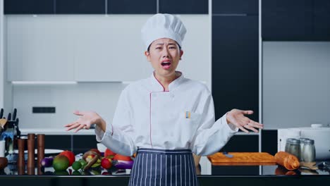 preguntándose a la mujer chef asiática diciendo por qué y de pie con dudas en la cocina de casa