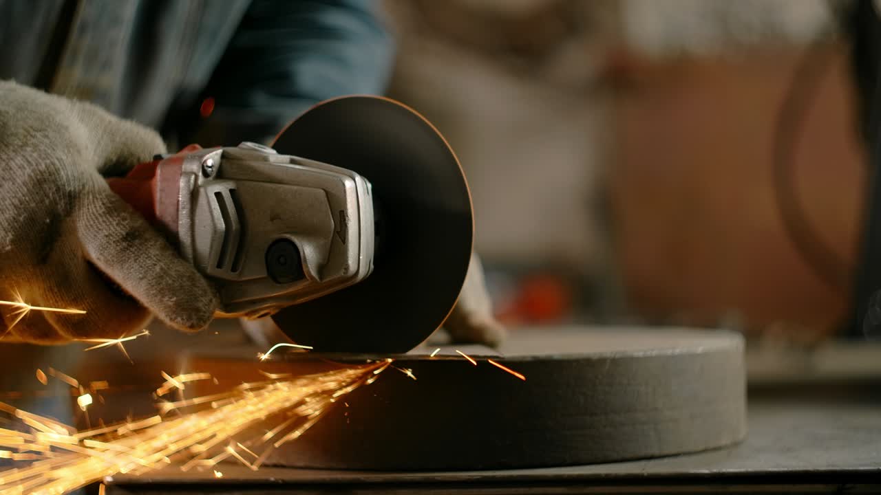 금속공은 슬로우 모션에서 많은 불꽃과 함께 밀러로 금속판을 자르며, 작업장에서 금속 작업, 4k 60p prores hq