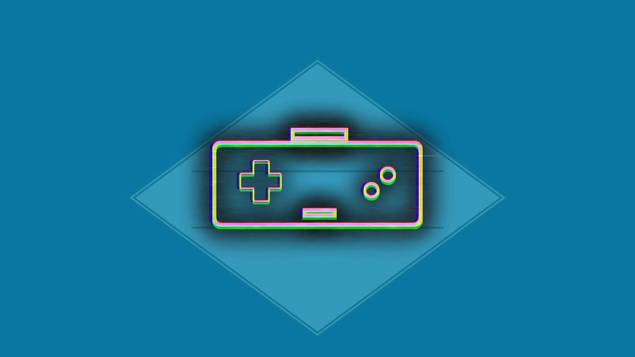 Animated Glitch Style Video Game Controller Icon on Blue Background