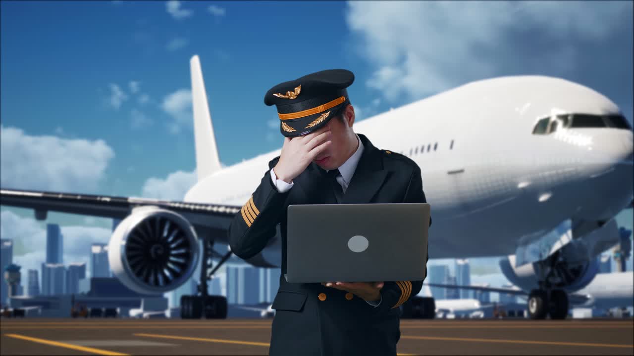 아시아 남자 조종사 가 노트북 을 사용 하고, 배경 에 비행기 와 함께 공항 에 서 있는 동안 두통 을 고 있다