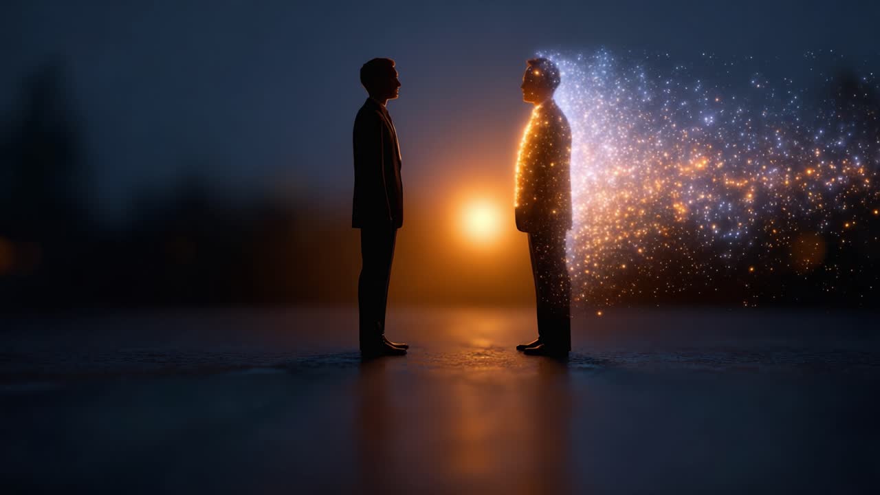 Un incontro enigmatico: due personaggi si fronteggiano in mezzo a un magico spettacolo di luci e colori, a simboleggiare trasformazione e connessione in un ambiente surreale