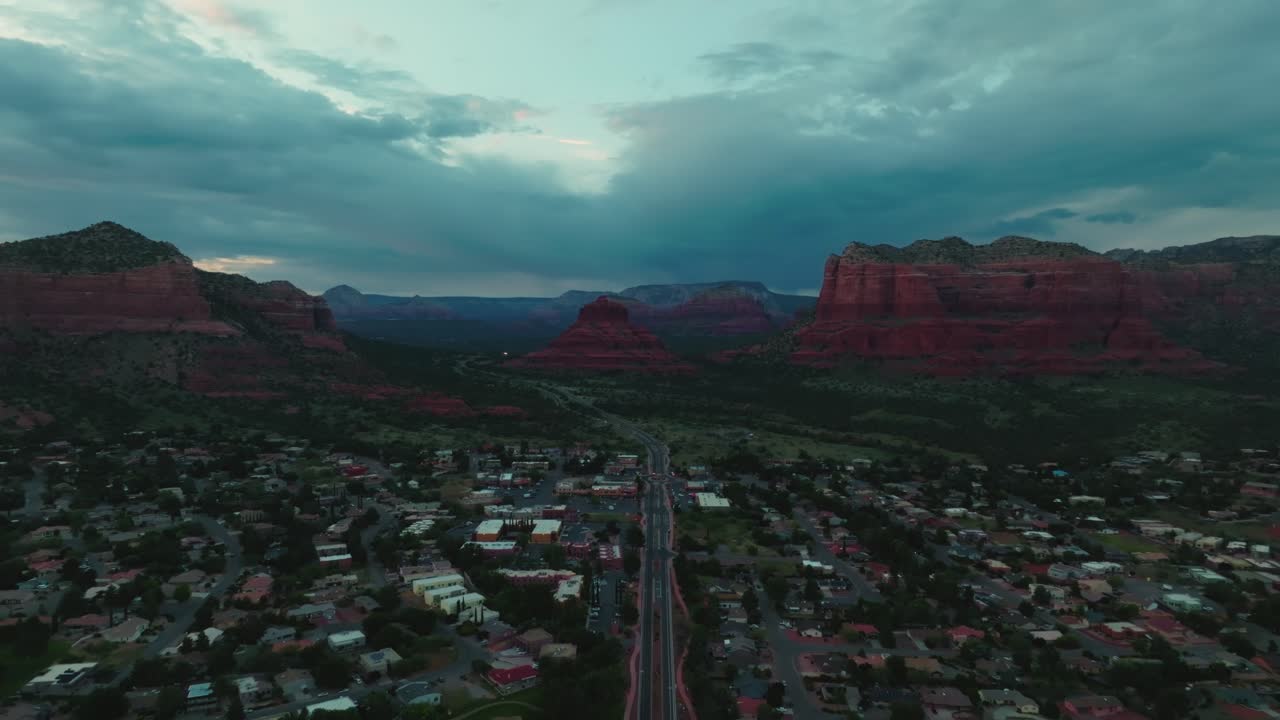 Townscape, Road, And Red Rock Buttes In Sedona, Arizona, United States