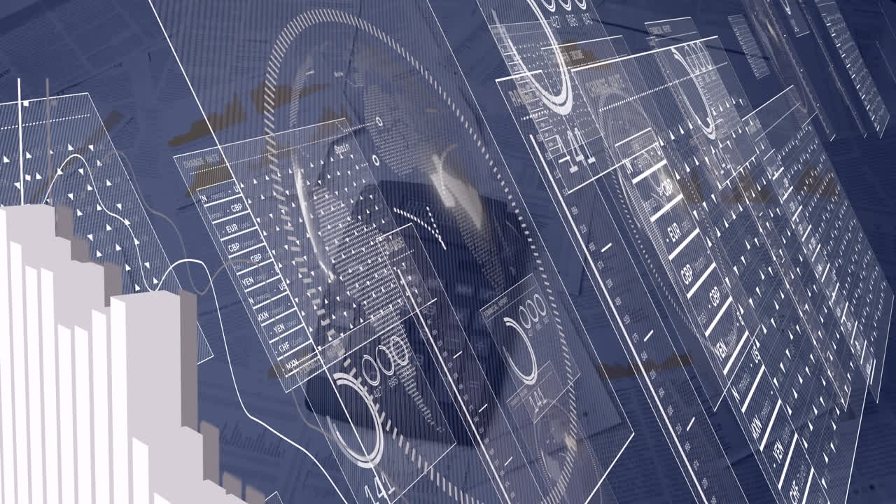 animazione dell'interfaccia con l'elaborazione dei dati contro la calcolatrice che cade sui documenti.