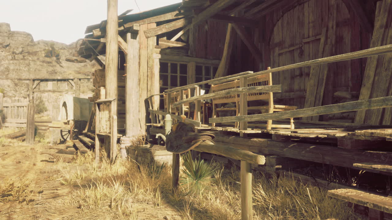 vieja estructura de madera con sillas en una ciudad occidental polvorienta durante el día